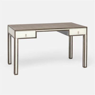 Gray Oak and Pristine Ivory Faux Shagreen desk with silver hardware and two drawers