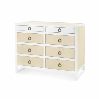 White dresser with eight drawers featuring a combination of white lacquer finish on top and grasscloth fronts, set against a plain background.