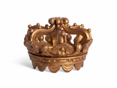 Round gilded crown showcasing ornate, gold-leaf accents and a detailed design against a white background.