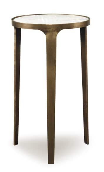 A sleek, modern side table featuring a marble inset top and gold accents, showcasing its design against a plain background.