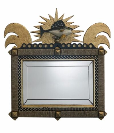 Handcrafted mirror with fish motif, golden sunburst, and waves made of rope and wood.