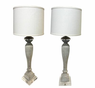 Pair of Whitewash Baluster Lamps with Lucite Bases and Linen Shades, Crafted from Found Wood