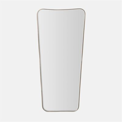 A sleek modern-looking curved wall mirror with a reflective surface available in two sizes 28 inches by 72 inches or 22 inches