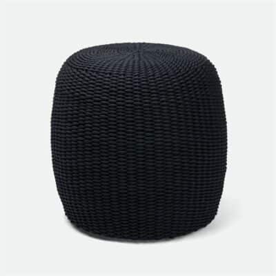 A dark navy, woven outdoor performance rope stool with a circular base and a textured weave pattern.