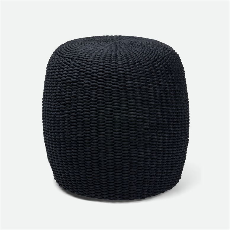 A dark navy, woven outdoor performance rope stool with a circular base and a textured weave pattern.