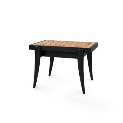 Black bench with a woven seagrass seat and wooden frame, available in natural or espresso finish.