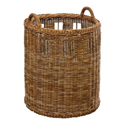 Large round wicker basket with intricate braiding, showcasing a natural brown hue and textured appearance.