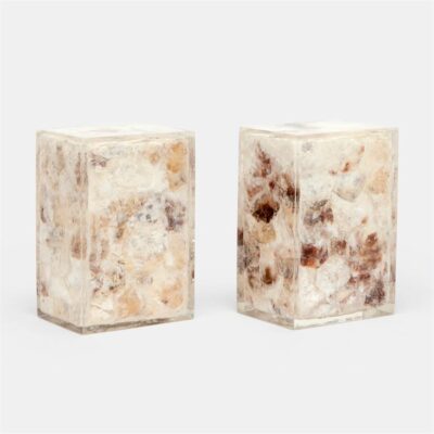 The image displays two square bookends made from natural mix capiz shell They have a rough marbled texture with shades of brown