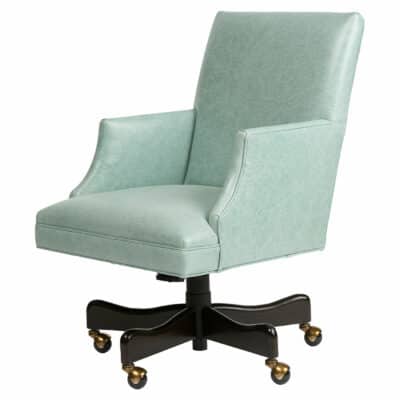 A blue leather desk chair with black finish wheels.
