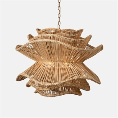 A small abstract layered rattan chandelier with six layers of rattan in gentle waves, featuring braided edges.