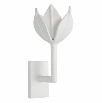 An elegant wall sconce with a white shade, mounted on a white surface, resembling a candle or a flower in full bloom.
