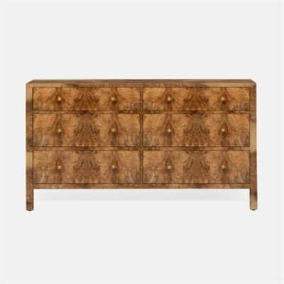 Wooden dresser with brass handles, featuring six drawers and a rectangular top, presented against a white background.
