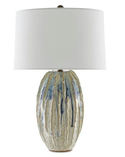 Ivory and purple ceramic table lamp with ridged texture, oval shape, and off-white linen shade.