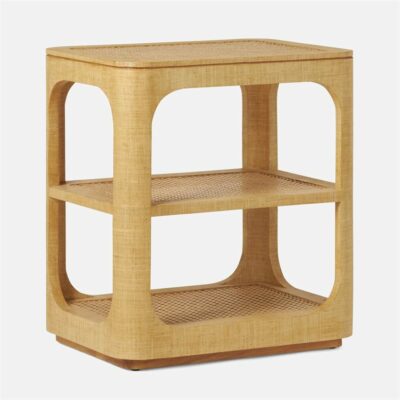 A woven raffia and cane side table with three shelves, set against a white background.