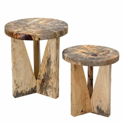 Three tamarind nesting tables, each showcasing unique patterns of coloration and texture, with a solid wood construction.