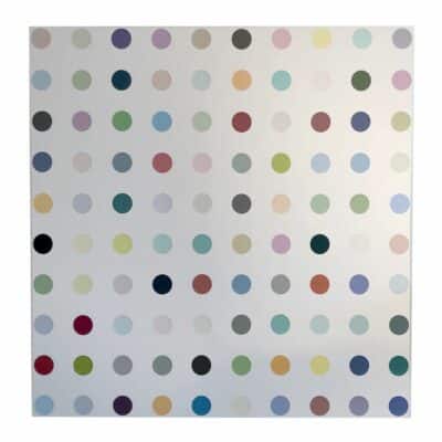 The image showcases an Oxford Dots original art piece which is a vibrant and colorful display of polka dots in various hues