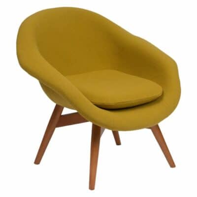 Front view of mid-century style lounge chair with curved wool upholstery and birch legs, Czech Republic, circa 1965.
