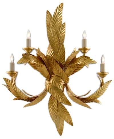 Gold wall sconce with laurel leaves and candle lamps.