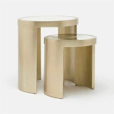 Two round palladian tables with antiqued mirror tops small 18 D x 18 H large 22 D x 24 H set of