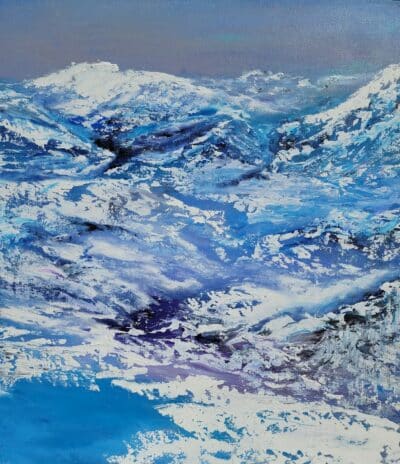 This is an abstract painting featuring a mountain landscape with snow-covered peaks and rocky terrain rendered in shades of blue and white