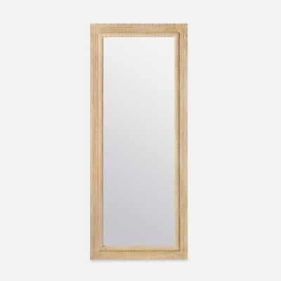 Large mirror with a light brown wooden frame.