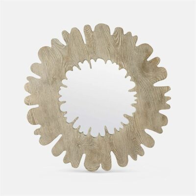 A large, rustic starburst mirror with a gray pine wood frame, showcasing its intricate star-shaped design against a white background.