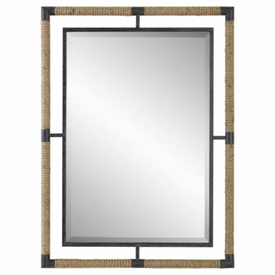 Rectangular mirror with rope and iron accents, showcasing its sleek design and modern aesthetics in this image.