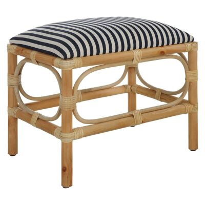 Rattan Shore Stool, featuring a unique design, available with blue and white striped or solid upholstery options.