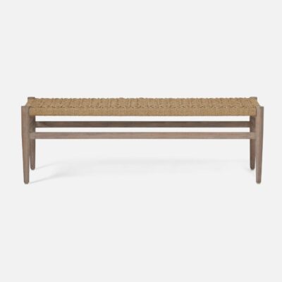 Outdoor bench with a curved woven design and natural twists for legs displayed against a white background suitable for outdoor use in