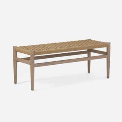 Scandinavian style rope bench with teak frame and side stretchers tapered legs available in natural or white twisted faux rope finish suitable