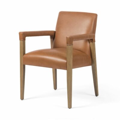 Brown dining chair with faux leather upholstery and wooden base.