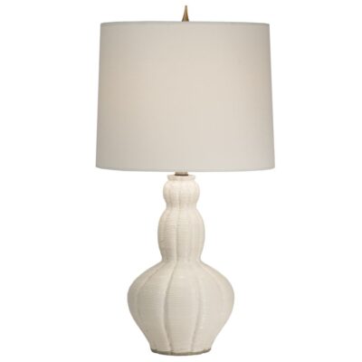 Close-up of Ella Linear Table Lamp featuring a round drum shade in sailcloth white adorned with delicate linear pattern and a tear