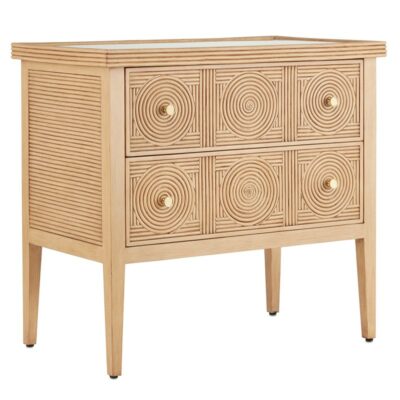 Handcrafted wooden dresser with geometric design, brass pulls, and two drawers.