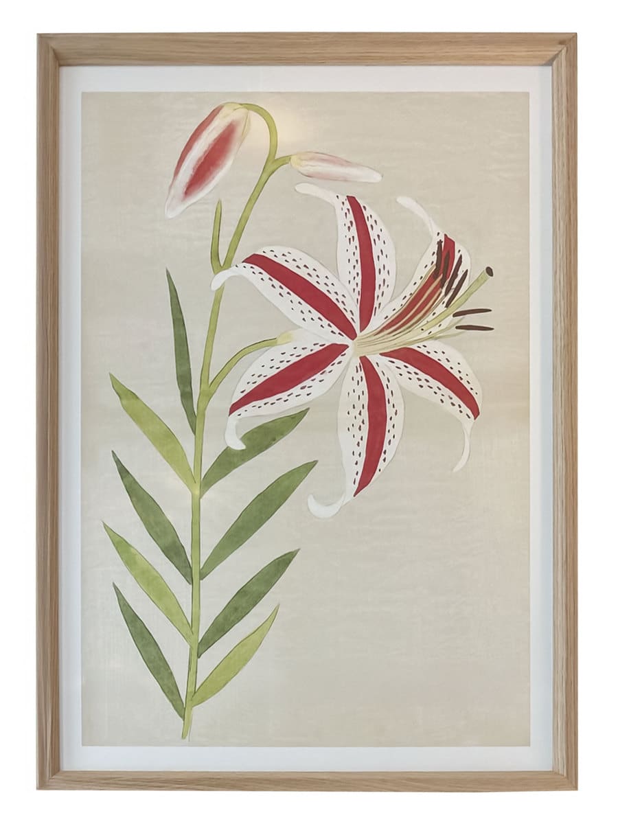 Close-up of Colored Lilies Reproduction Print in Oak Frame, showcasing vibrant flower image with detailed petals and leaves.