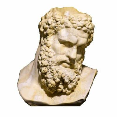 A fiberstone bust of Heracles in white moss finish, a garden ornament.