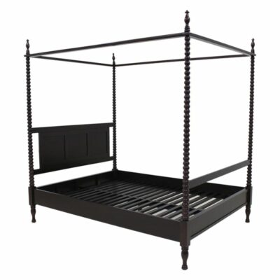 Four poster bed in black, crafted from mahogany wood.