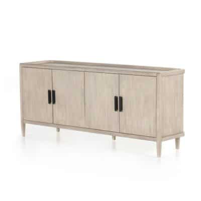 Guthrie Mid-Century Style Buffet in Light Ash Grey Finish, showcasing four doors and inner shelving for storage.