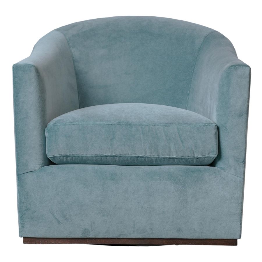 Aqua velvet swivel chair, plush seat cushion, upholstered in ocean poly velvet, elegant tobacco base.
