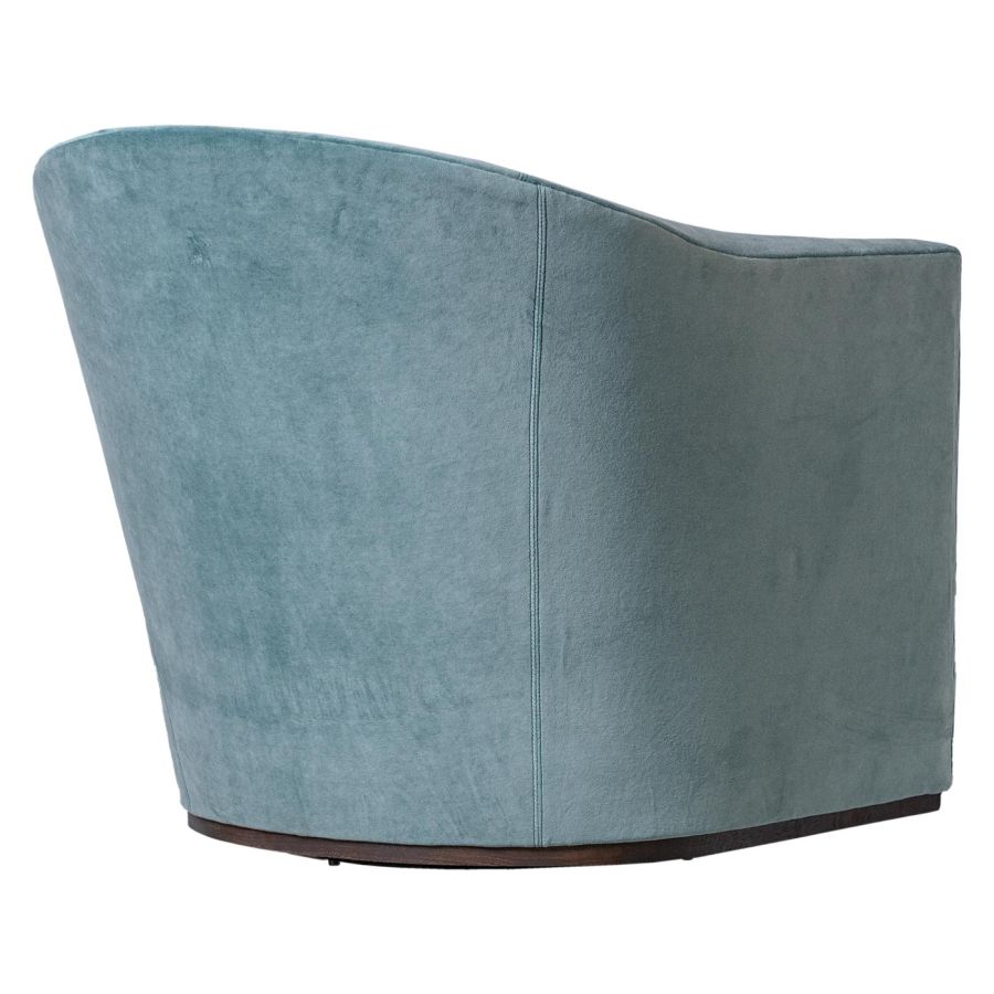 Purple velvet swivel chair, luxurious ocean poly velvet upholstery, modern design, velvet tufted headrest, wooden base, special order, 8-9 week lead time.