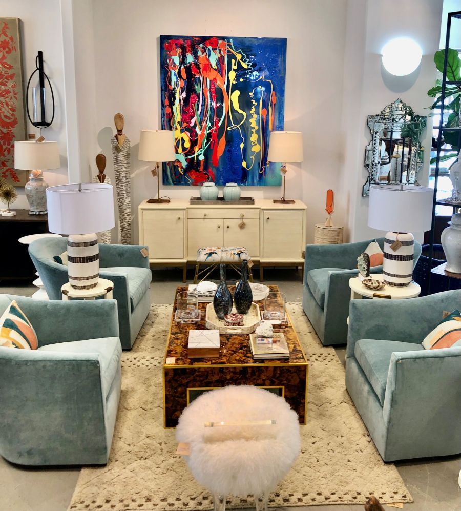Alexander Ocean Velvet Swivel Chair in ocean poly velvet with spring down seat cushion and tobacco finished base upholstered in ocean poly