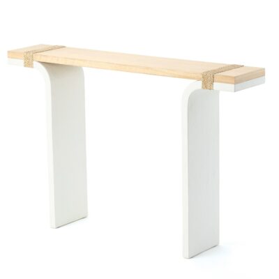White Gesso Console with Oak Top and Rope Detail, showcasing its sleek design in a front view perspective.