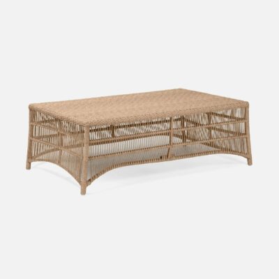 A twisted wicker coffee table in natural color, showcasing its unique design and texture.