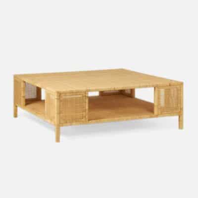 Square Rattan Coffee Table with Box-Stretcher Frame, Lower Shelf, Semi-Enclosed by 2 Square Woven Rattan Panels at Each Corner.