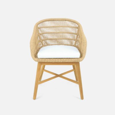 Wicker outdoor dining chair with teak base, suitable for indoor or outdoor use.