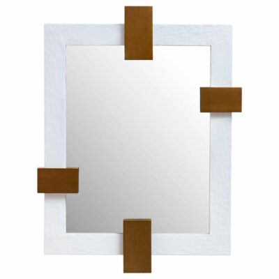 Gold accented Saxon mirror with geometric frame, showcasing elegant simplicity and sophistication in both white gesso and black grained ash finishes.