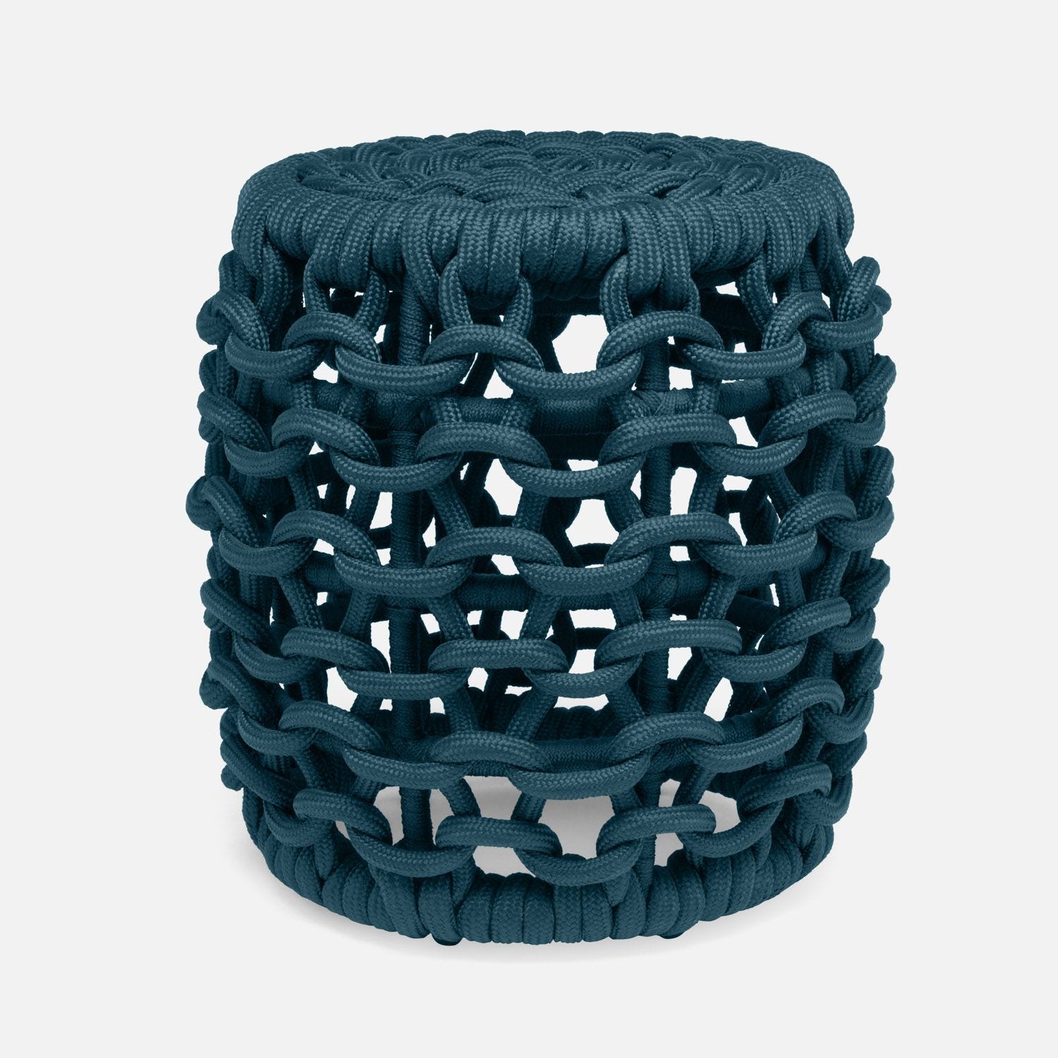 An outdoor performance rope link stool in azure color featuring a unique chain-link pattern design that adds an interesting visual element to