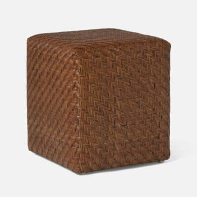 Block Rattan Stool, available in dark flat rattan or natural flat rattan, featuring woven rattan texture and block design.