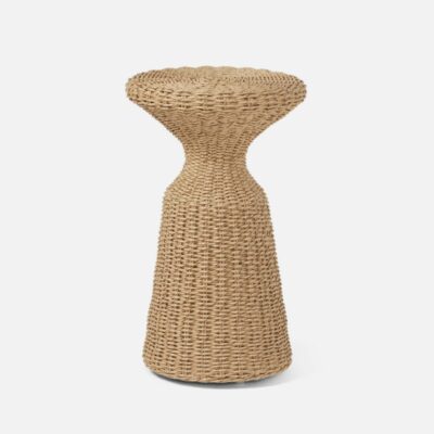 This is an image of an outdoor hourglass-shaped drinks table crafted from woven and twisted faux wicker and finished in a natural
