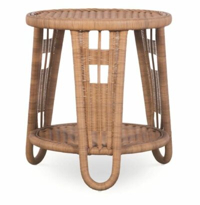 Round wicker side table with metal frame, lay on glass insert and open shelf at base.