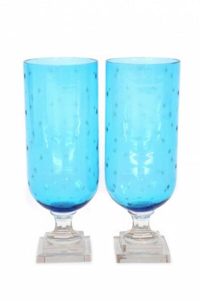 Aqua blue star cut glass hurricane candle holder set, hand crafted, mouth blown glassware, elegant decorative vases for home, set of two.